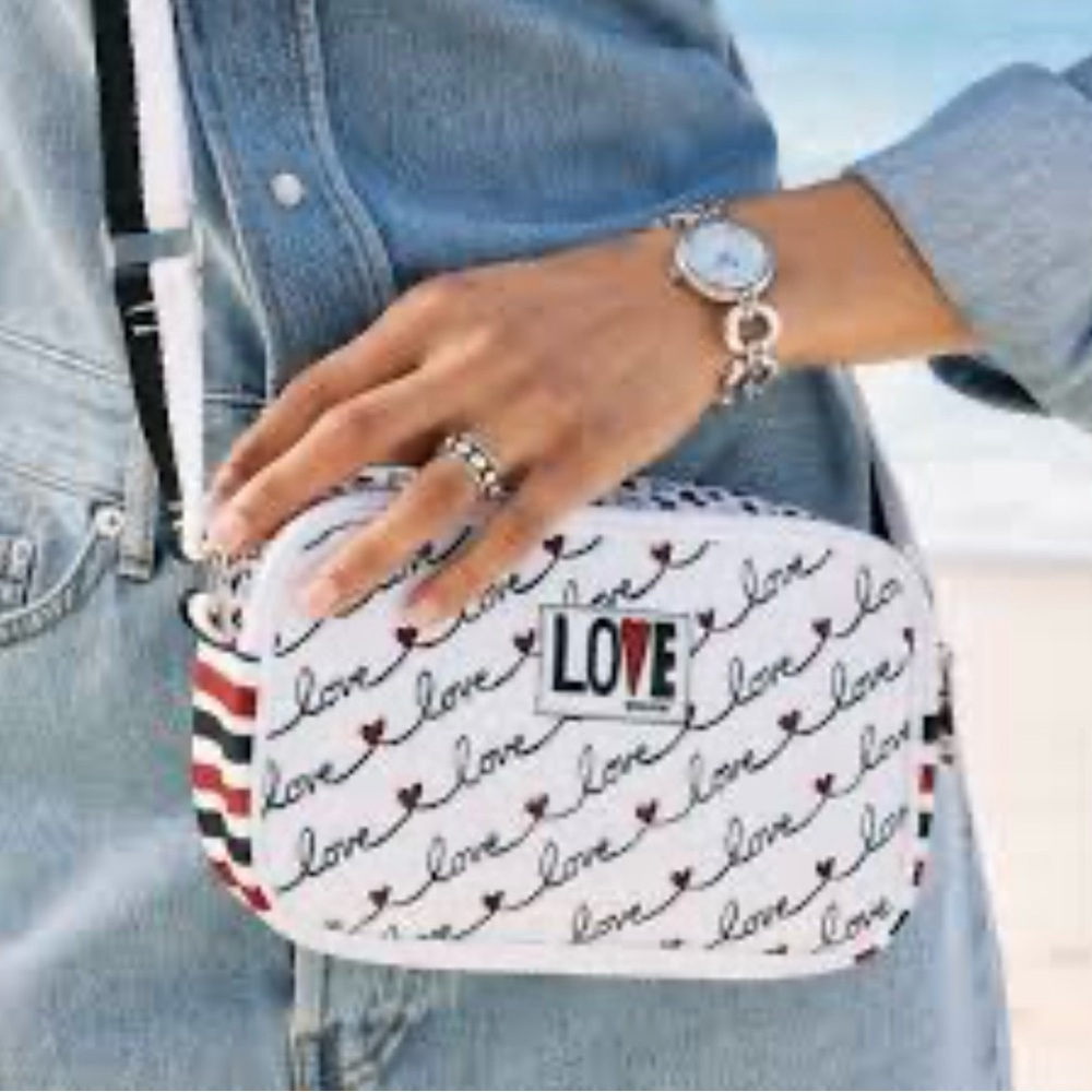NWT in bag Brighton LOVE SCROLL Canvas Love White/Black/Red Heart Crossbody Bag